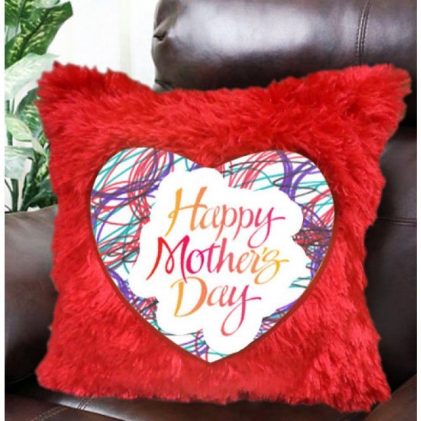 Happy Mothers Day Plush Decorative Red Fur Cushion